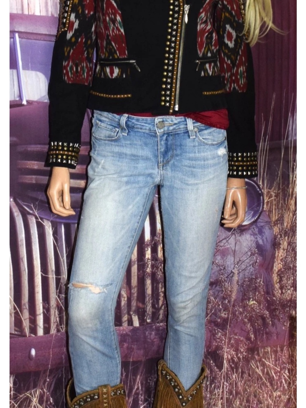 Double D Ranch High Mountain Boho Studded Leather Jacket Size Large - Picture 9 of 11